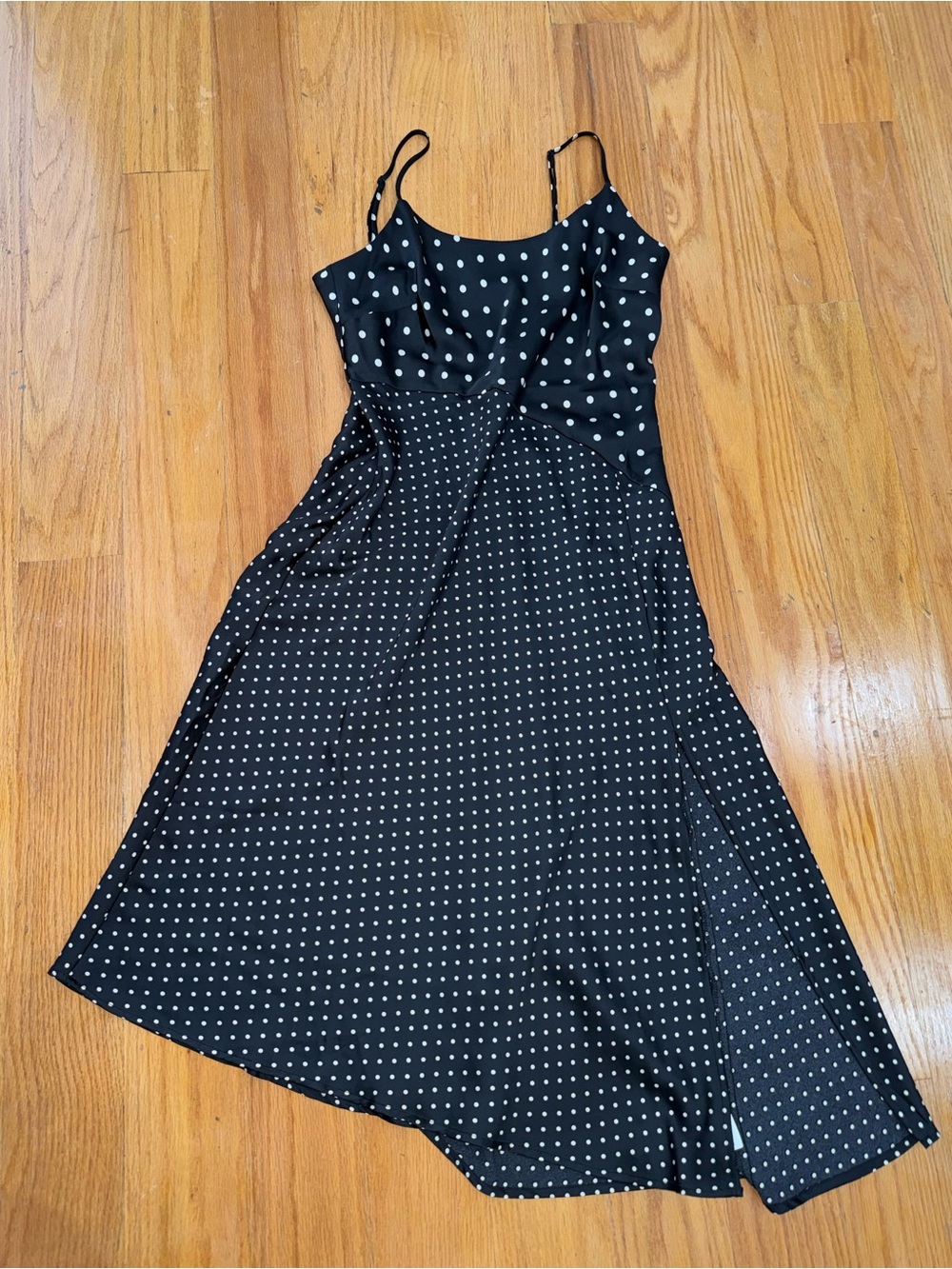 Black Polka Dot Midi Slip Dress with Adjustable Straps